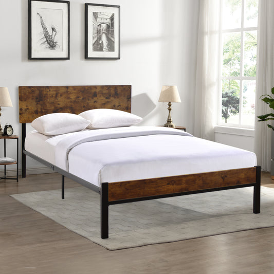 Rustic wood and black metal queen bed frame with upholstered headboard