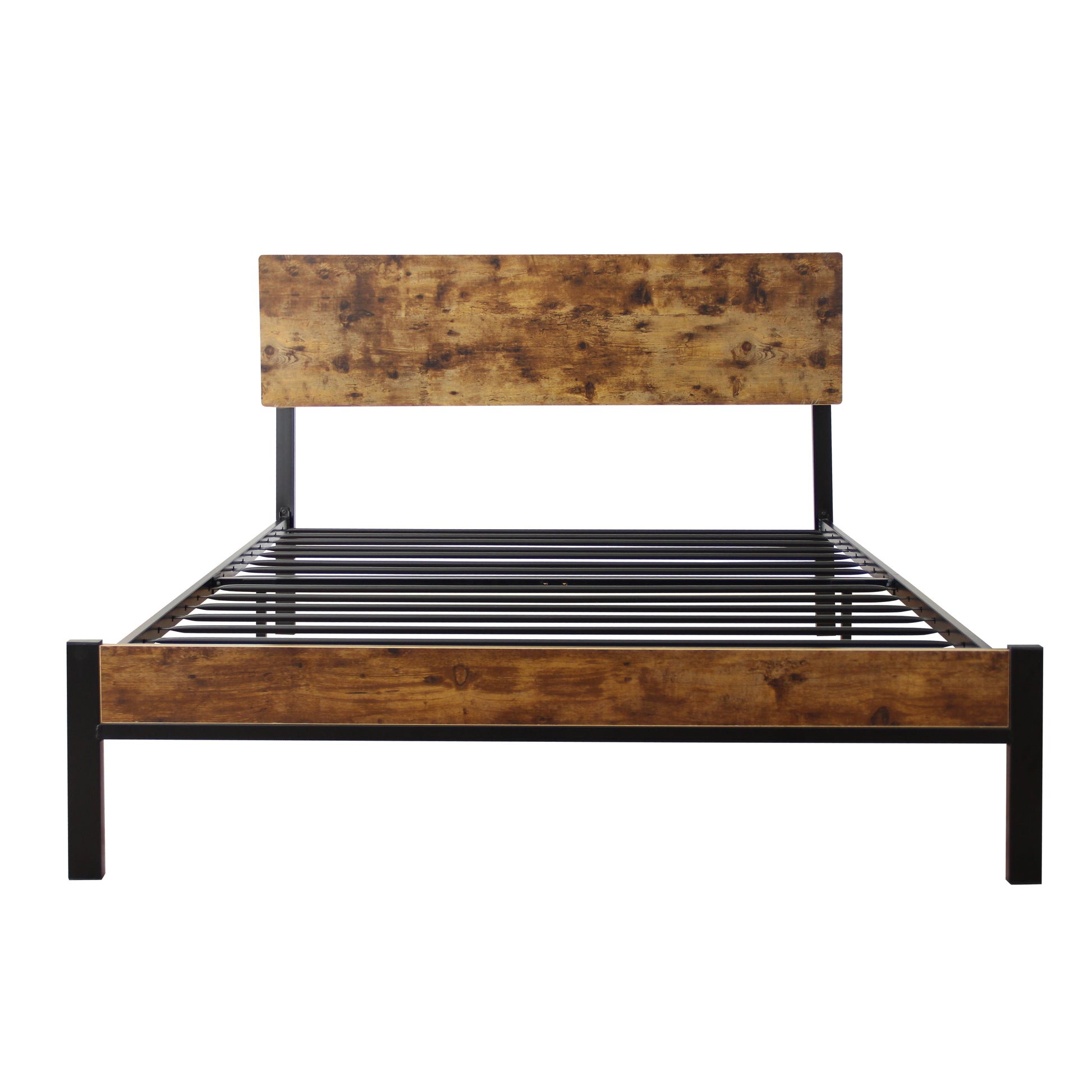Rustic brown wood and black metal bed frame with headboard and metal slats