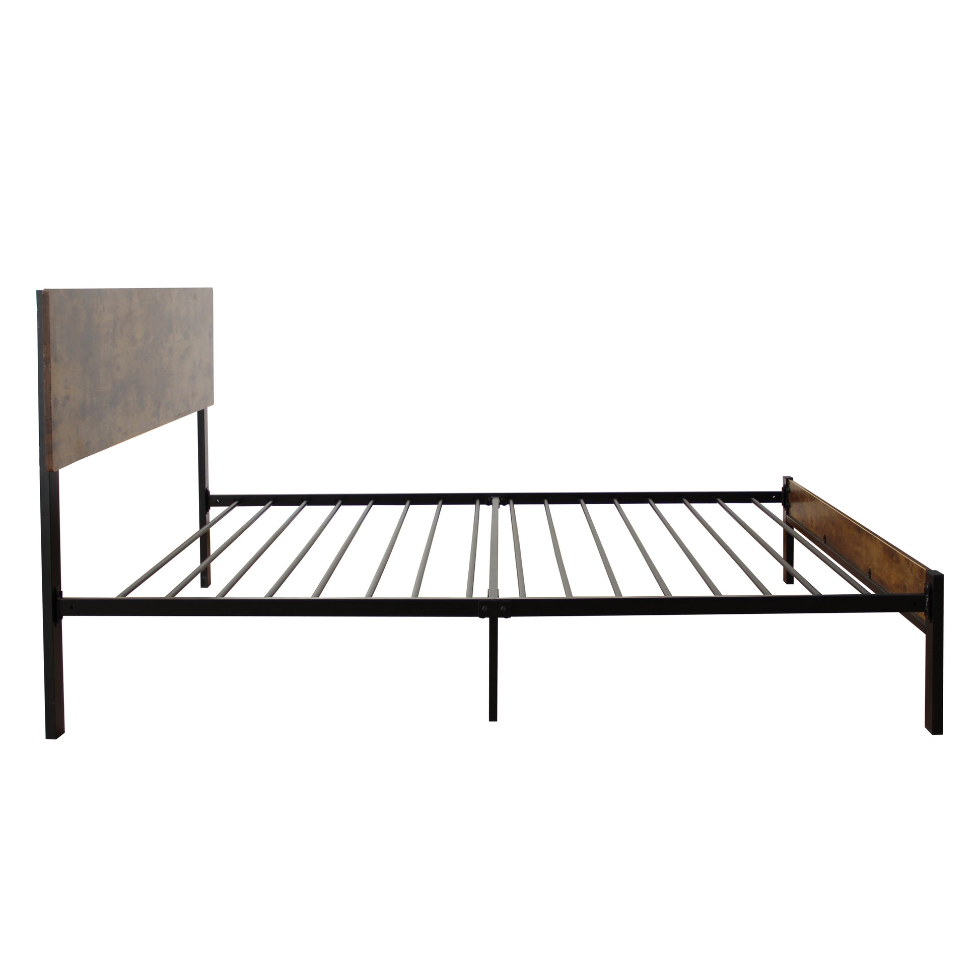 Industrialstyle metal bed frame with rustic wood headboard and slatted support