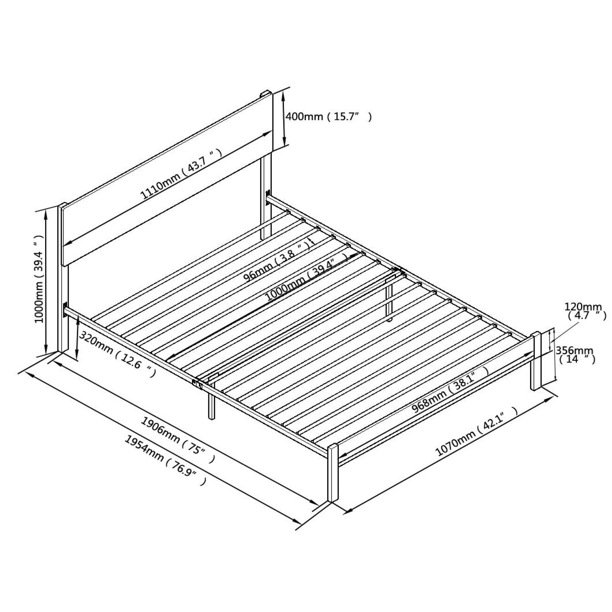Technical drawing of a king size bed frame with dimensions labeled for easy assembly