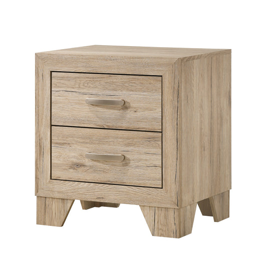 Light oak wood veneer nightstand with two silver pull drawers perfect for bedroom storage