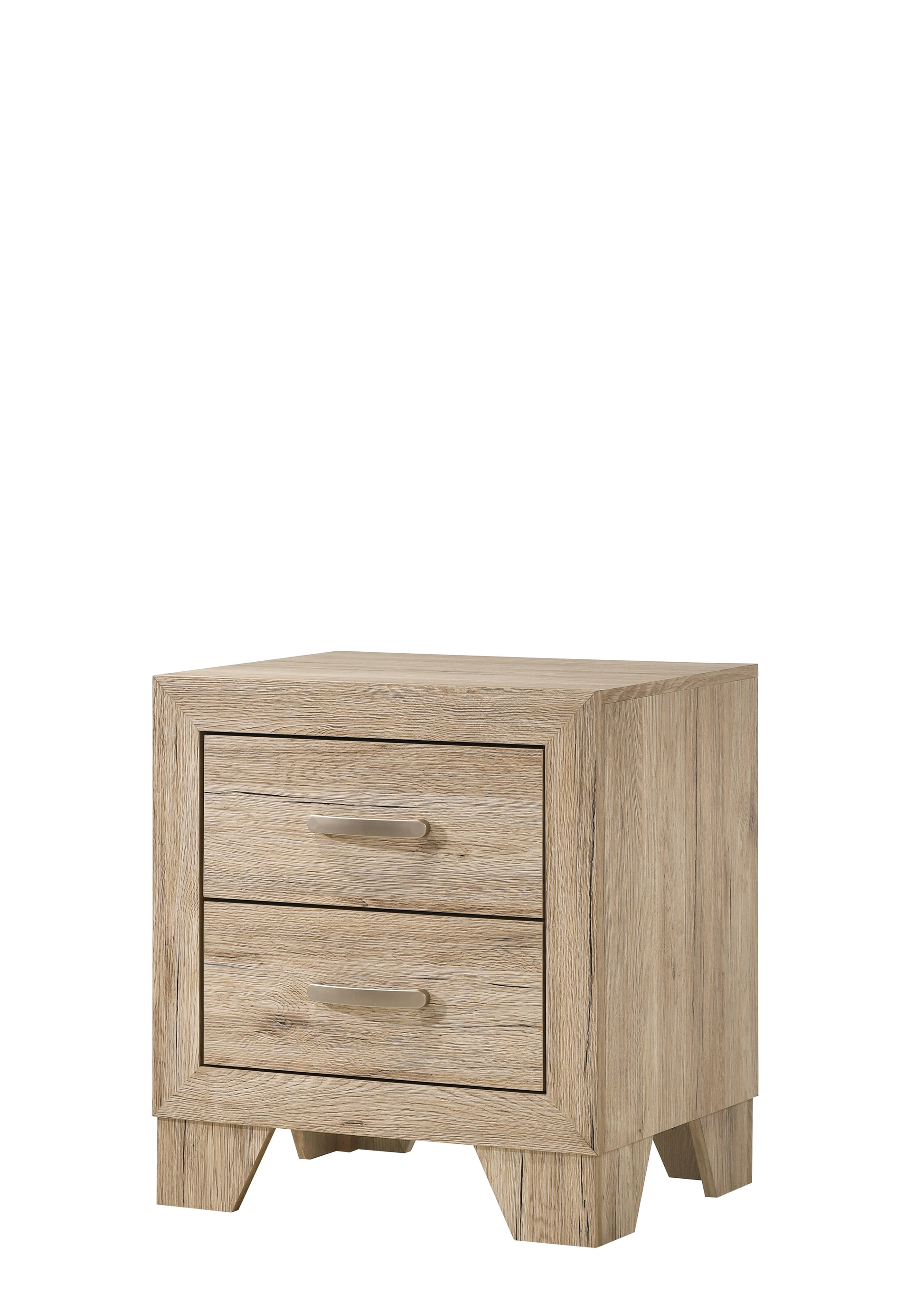 Light brown wood grain twodrawer nightstand with brushed nickel handles and angled legs