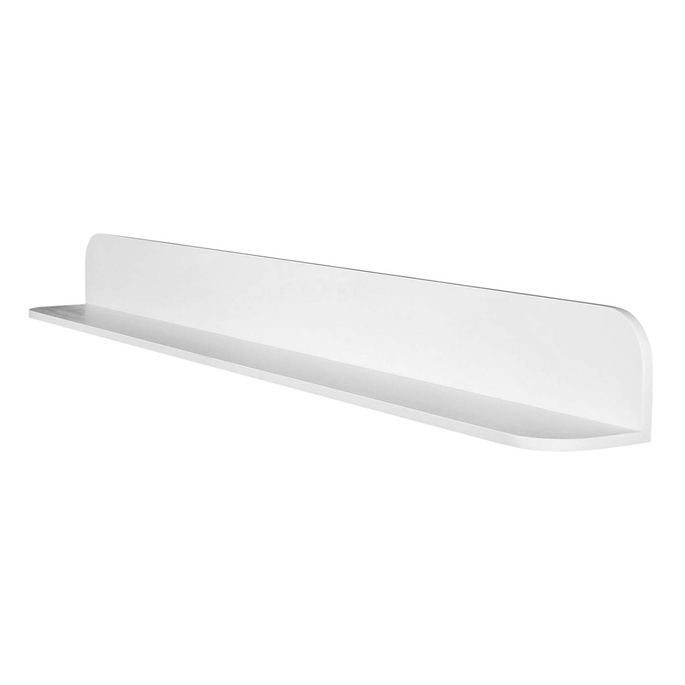 Sleek white floating shelf with a minimalist design perfect for displaying decor