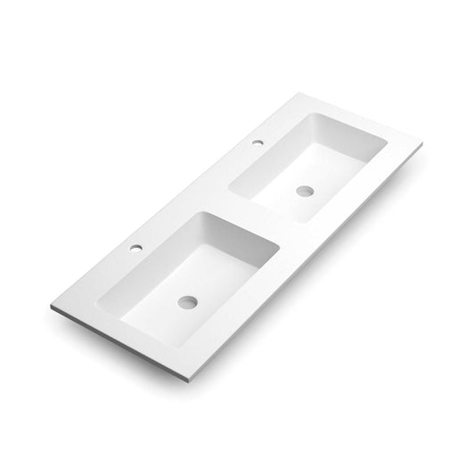 Modern white double basin vanity top with integrated sinks and predrilled faucet holes