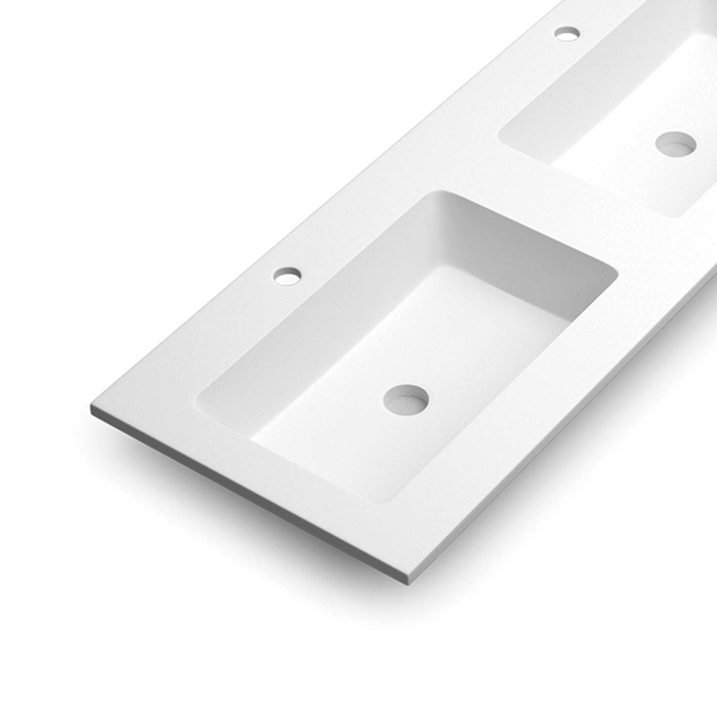 White double basin vanity top with integrated sinks and faucet holes