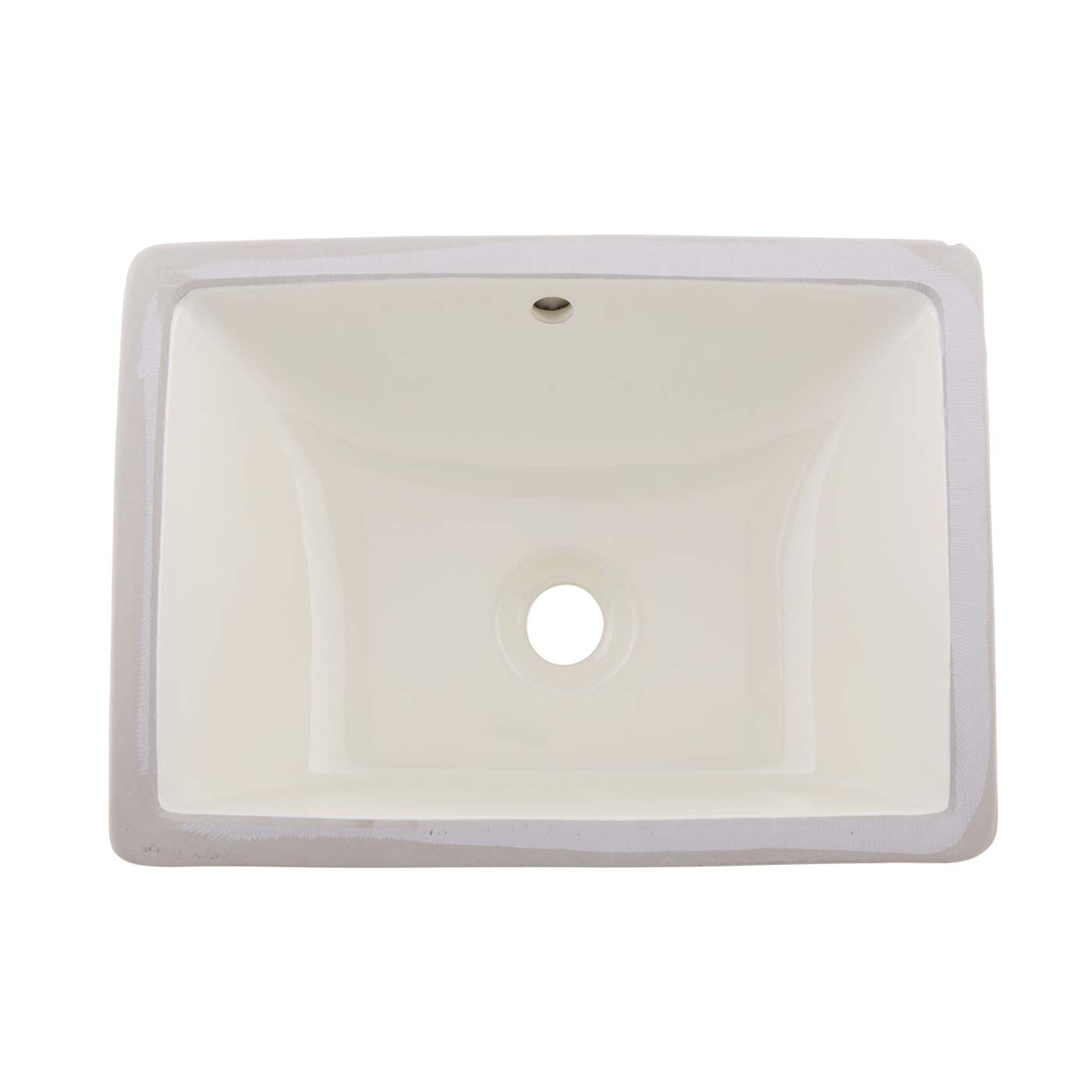 Rectangular white ceramic undermount sink with single faucet hole and drain