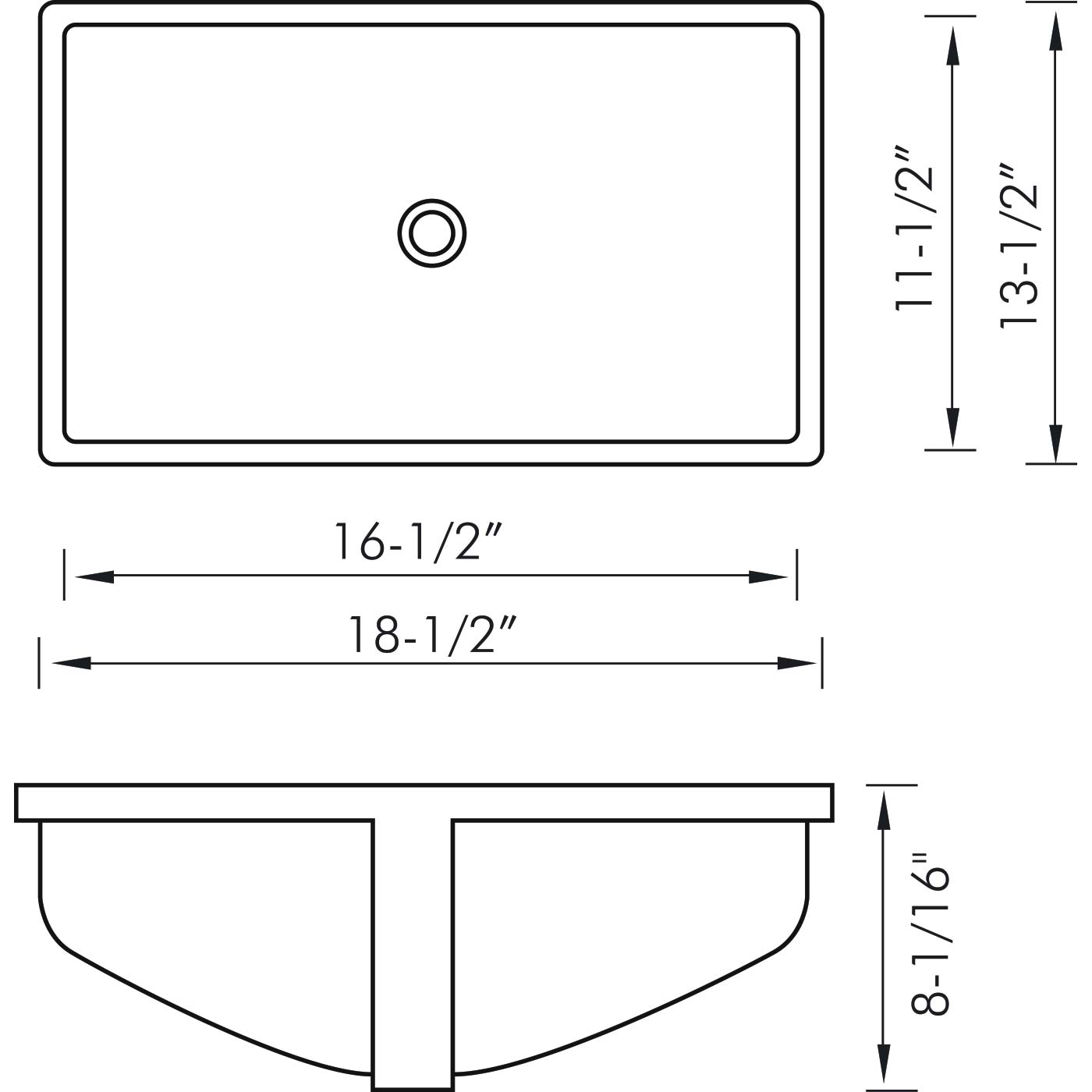 Diagram of a rectangular white ceramic sink with dimensions shown