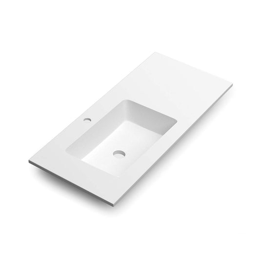 Modern white integrated sink and countertop for contemporary bathrooms