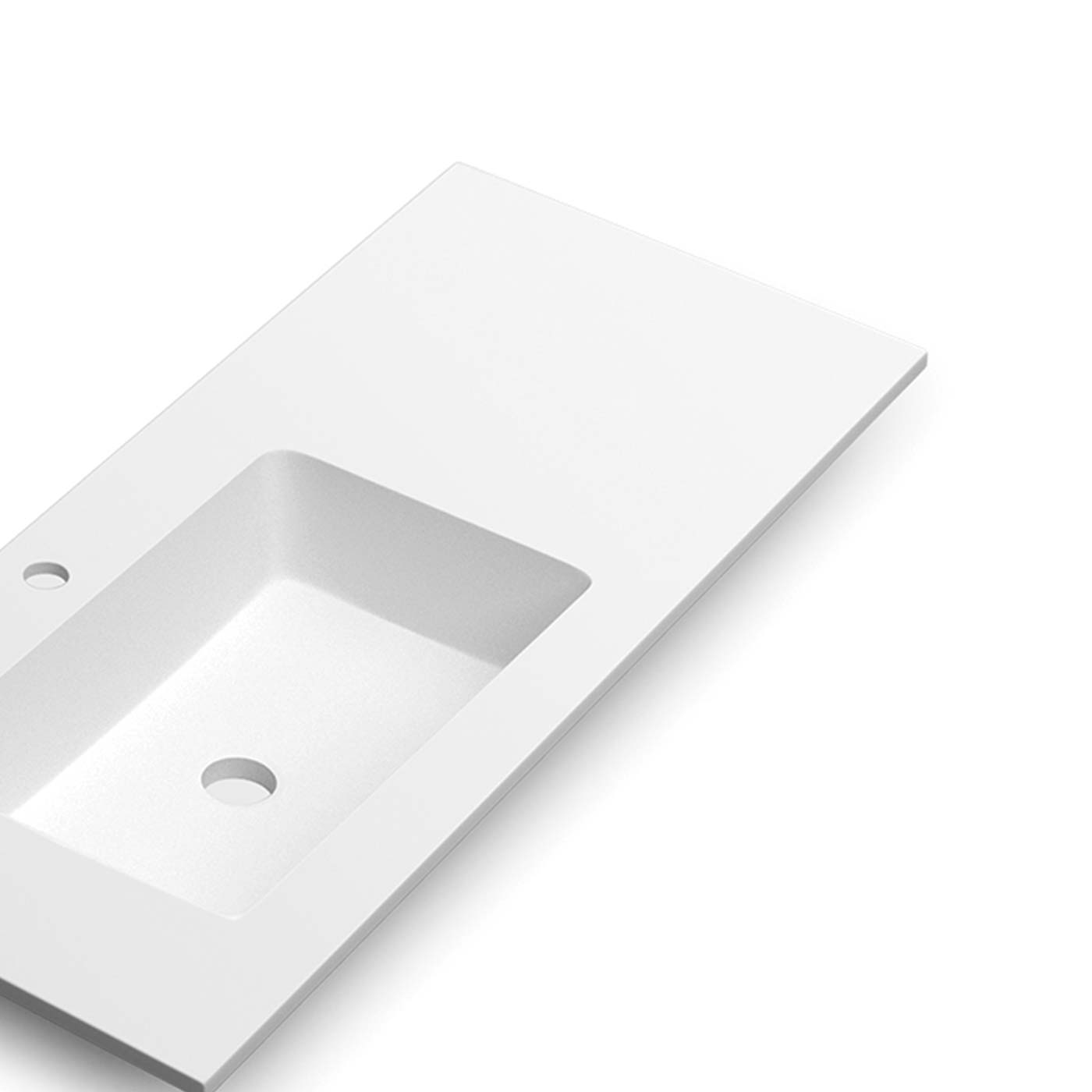 White composite vanity top with integrated sink and single faucet hole