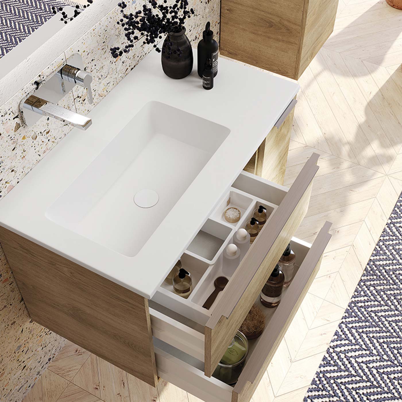 Modern bathroom vanity with white integrated sink and oak wood finish drawers