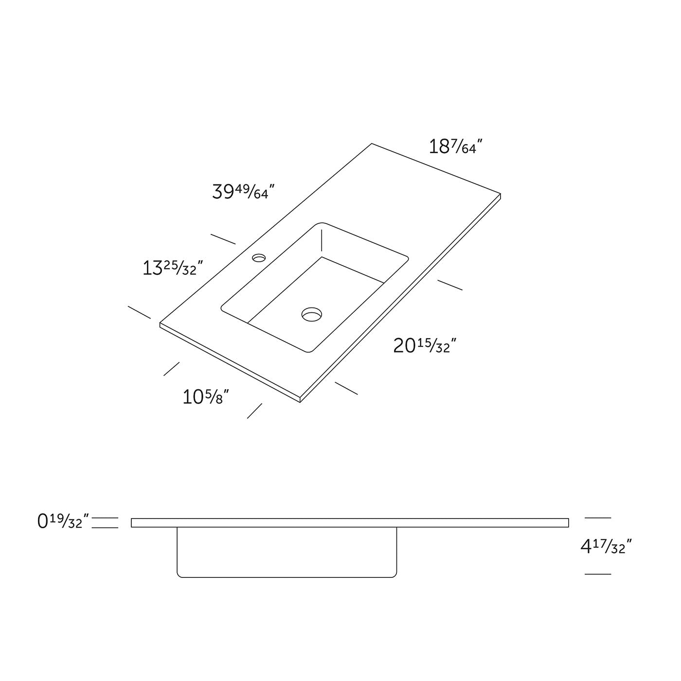 Technical drawing of a rectangular vanity top with integrated sink and dimensions