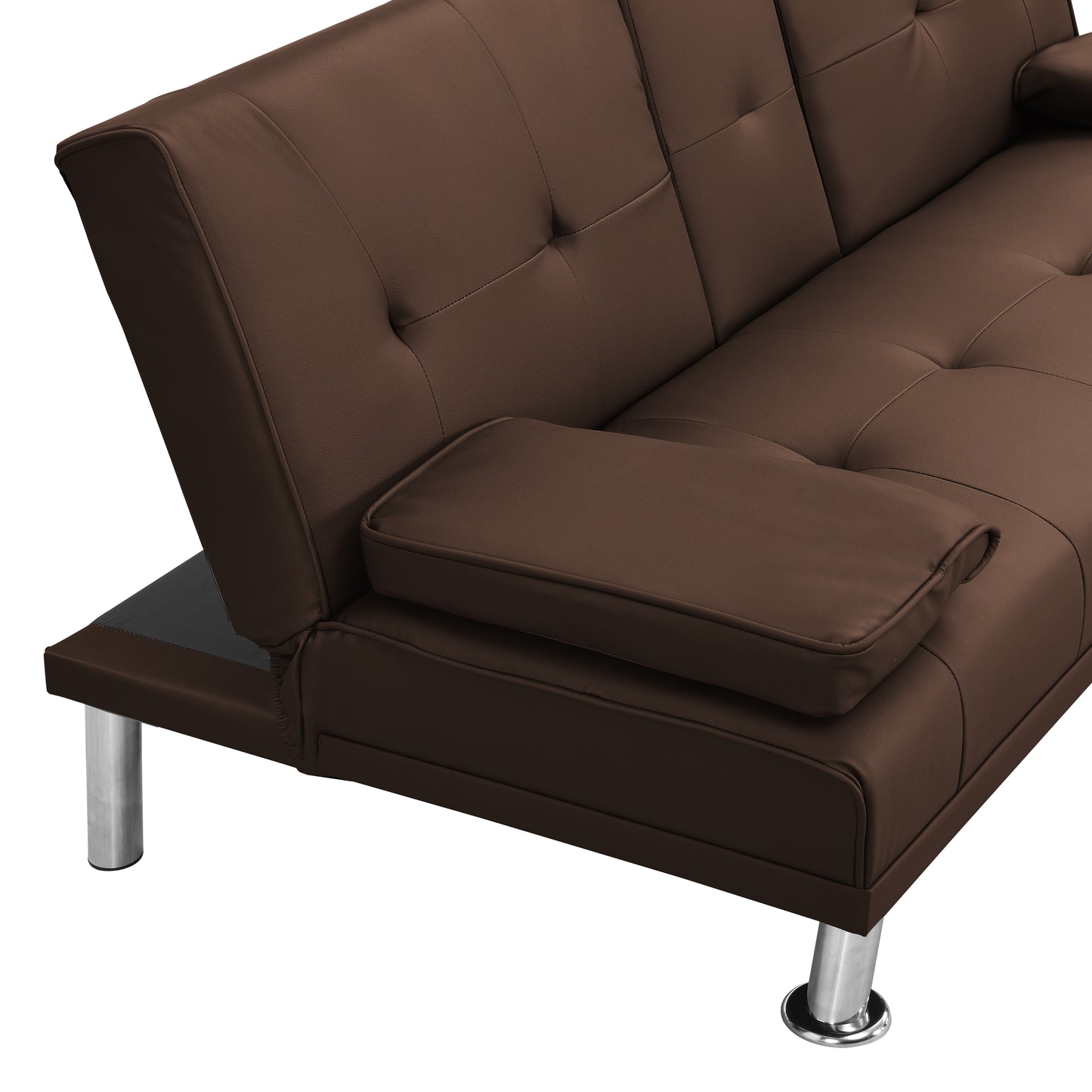 Brown faux leather convertible sofa with tufted back cushions and chrome legs
