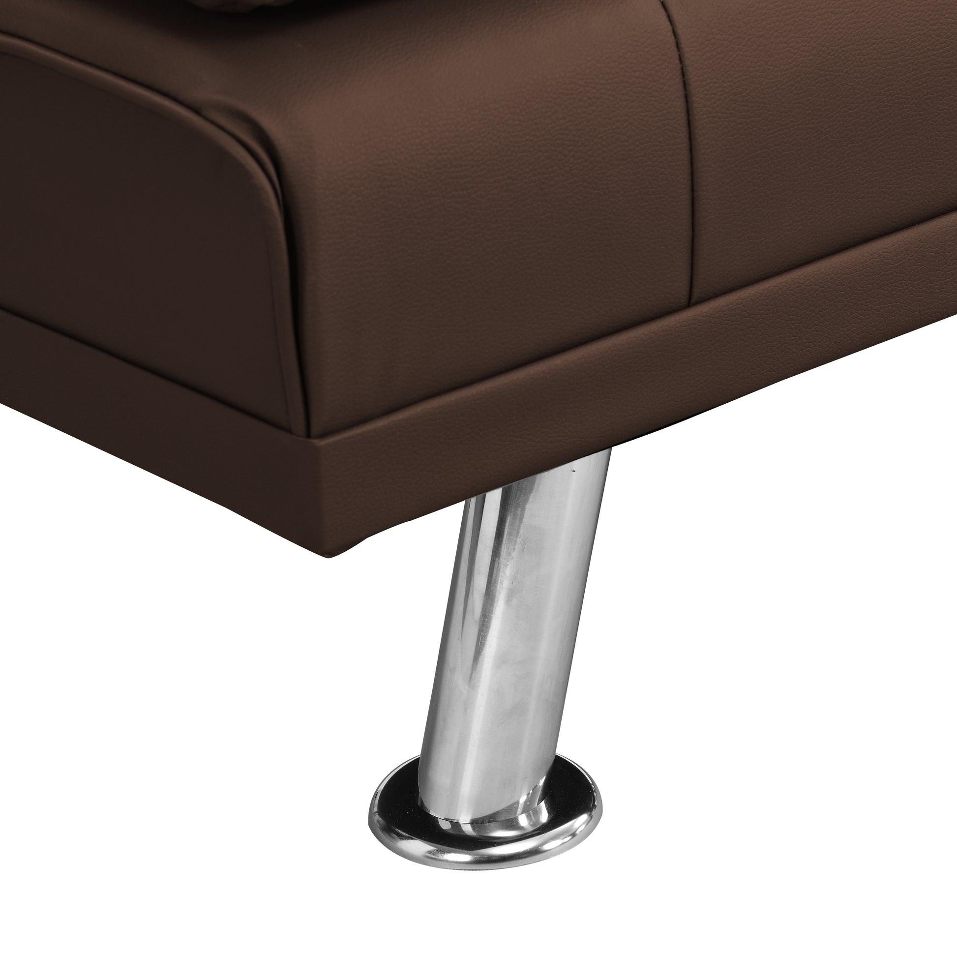 Closeup of a brown faux leather sofa armrest with a sleek chrome leg for modern furniture