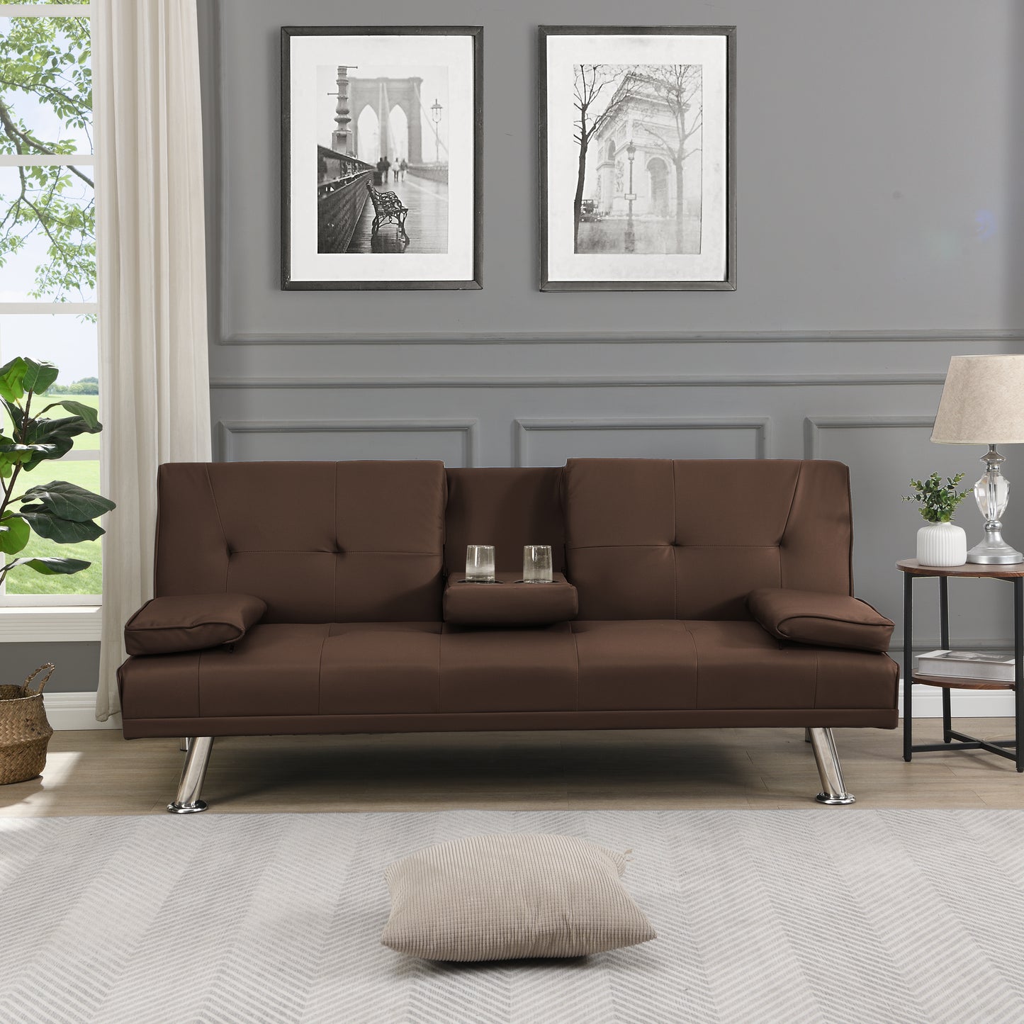 Tufted brown convertible sofa with builtin cup holders perfect for small living spaces