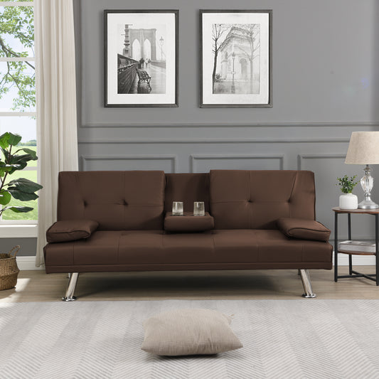 Tufted brown convertible sofa with builtin cup holders perfect for small living spaces