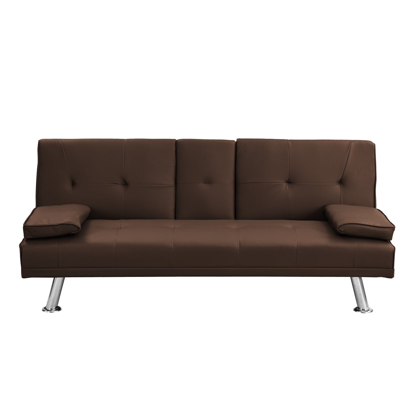 Tufted brown faux leather sofa with chrome legs and two matching arm pillows perfect for modern living rooms