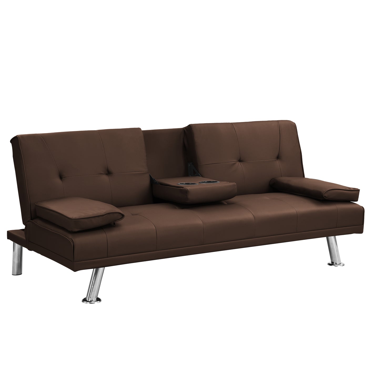 Tufted brown faux leather convertible sofa with integrated cup holder and silver legs