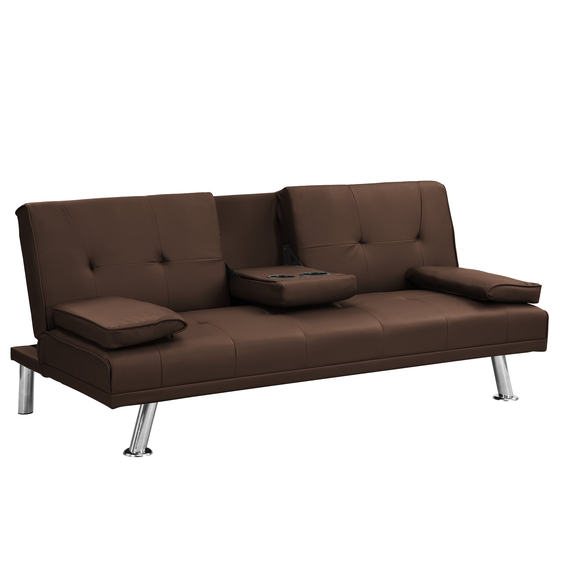 Tufted brown faux leather convertible sofa with integrated cup holder and silver legs