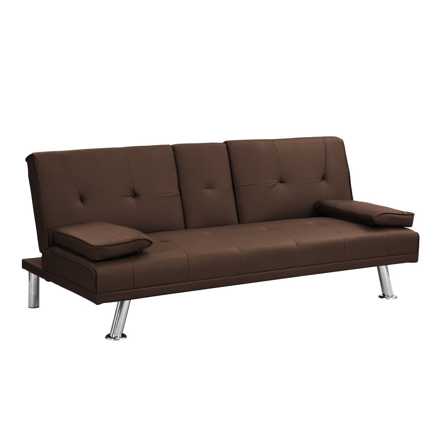 Brown faux leather sofa with tufted cushions and chrome legs