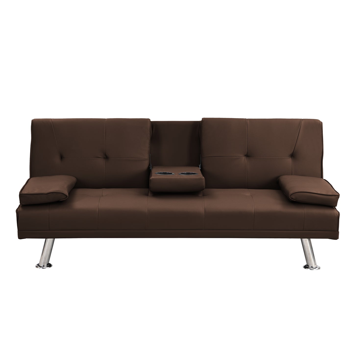 Brown faux leather sofa with tufted cushions and builtin cup holders