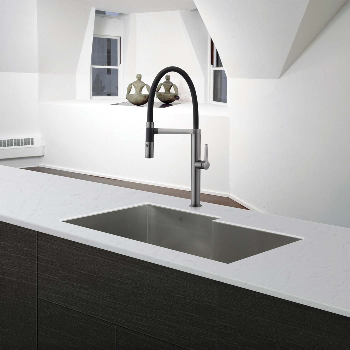 Modern brushed nickel pulldown kitchen faucet with a black hose accent