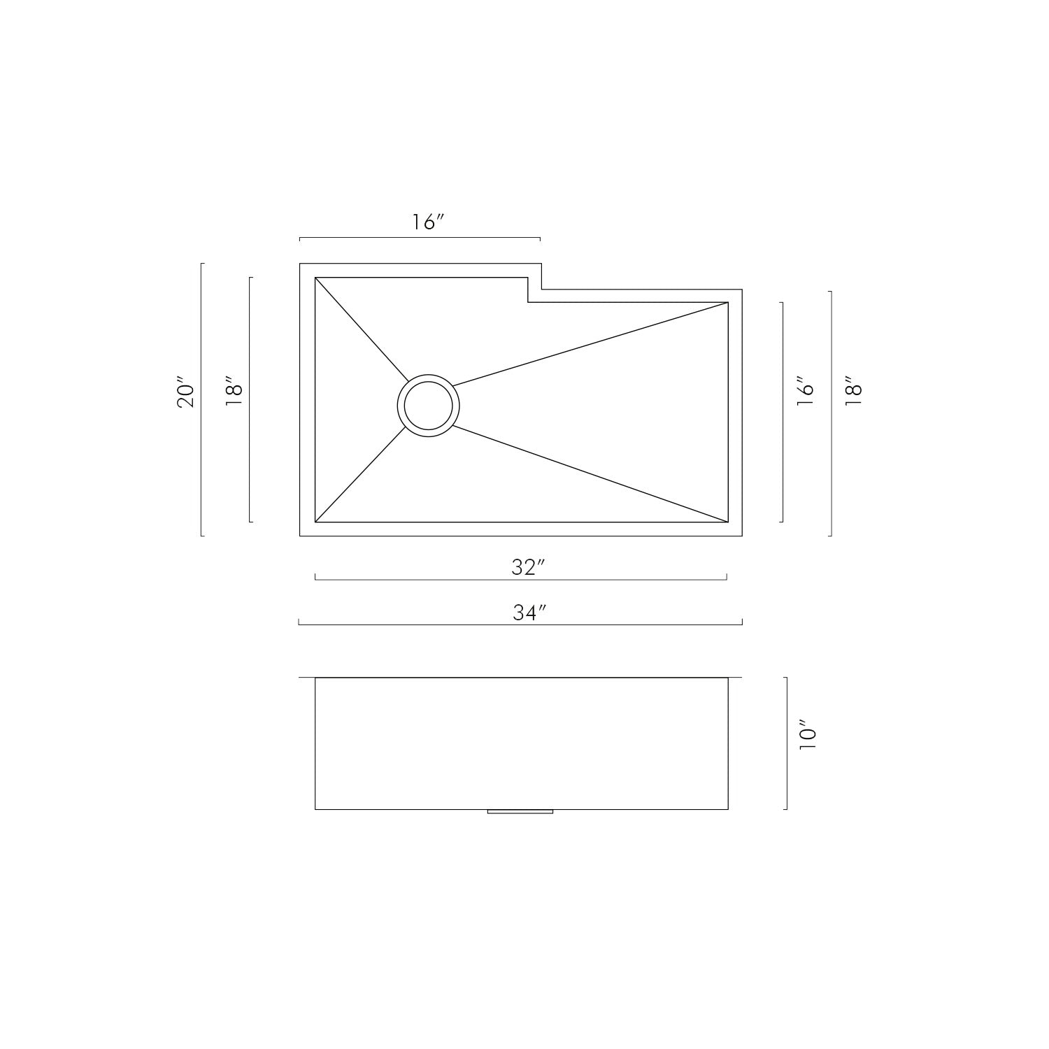 Diagram showing dimensions of a inch stainless steel kitchen sink  inches deep
