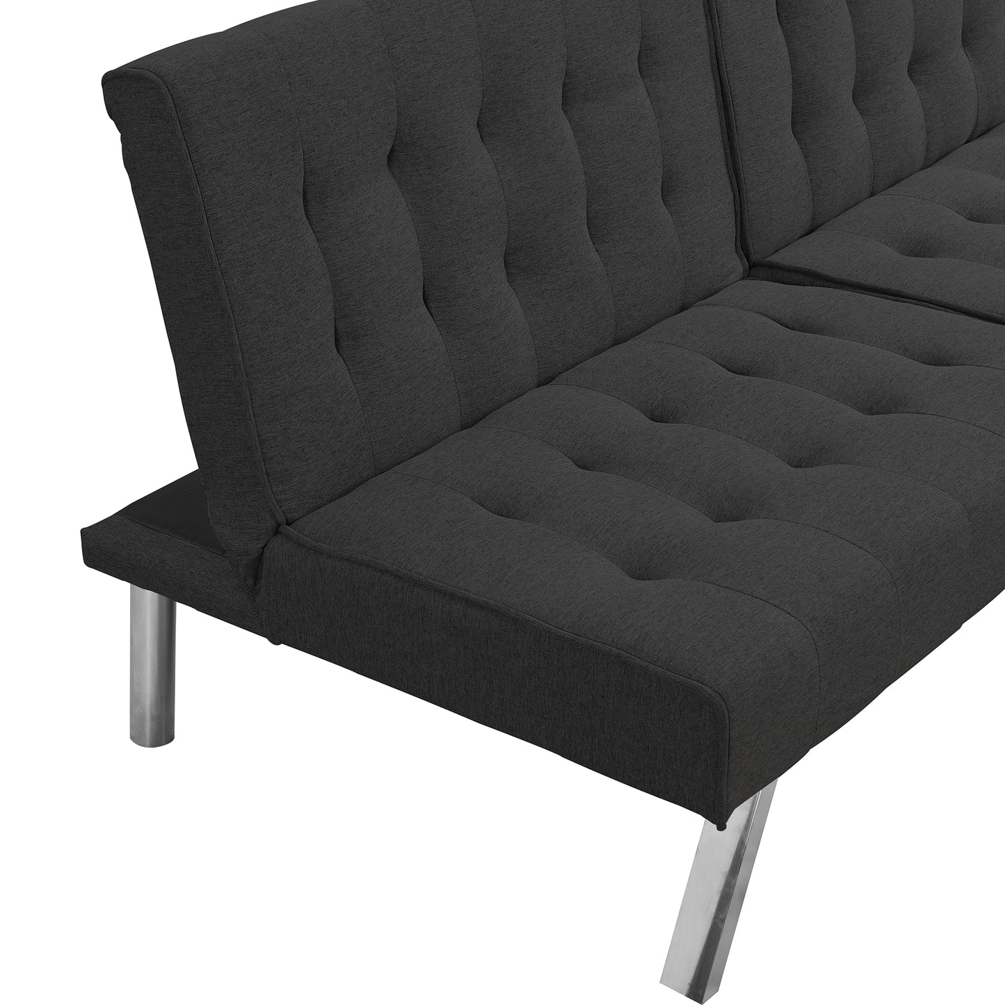 Dark grey upholstered sofa bed with button tufting and chrome legs