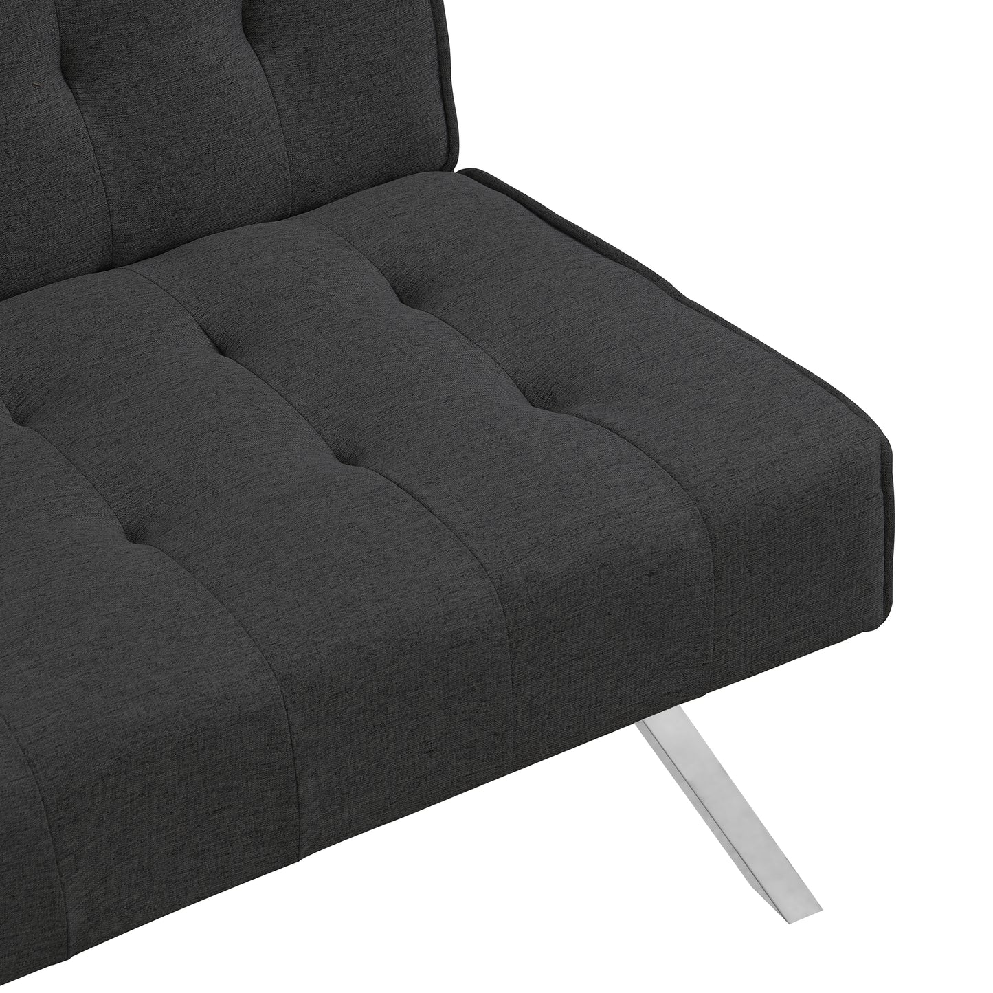 Tufted dark gray fabric sofa armrest detail with brushed metal leg