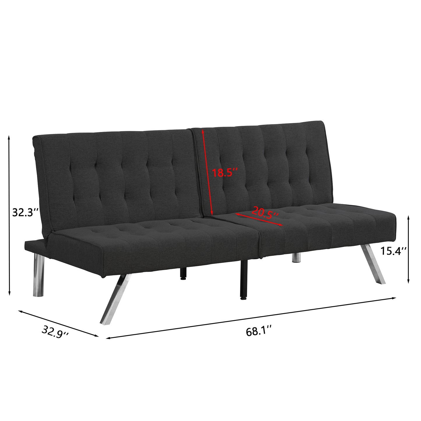 Dark gray tufted futon sofa with chrome legs  inches long