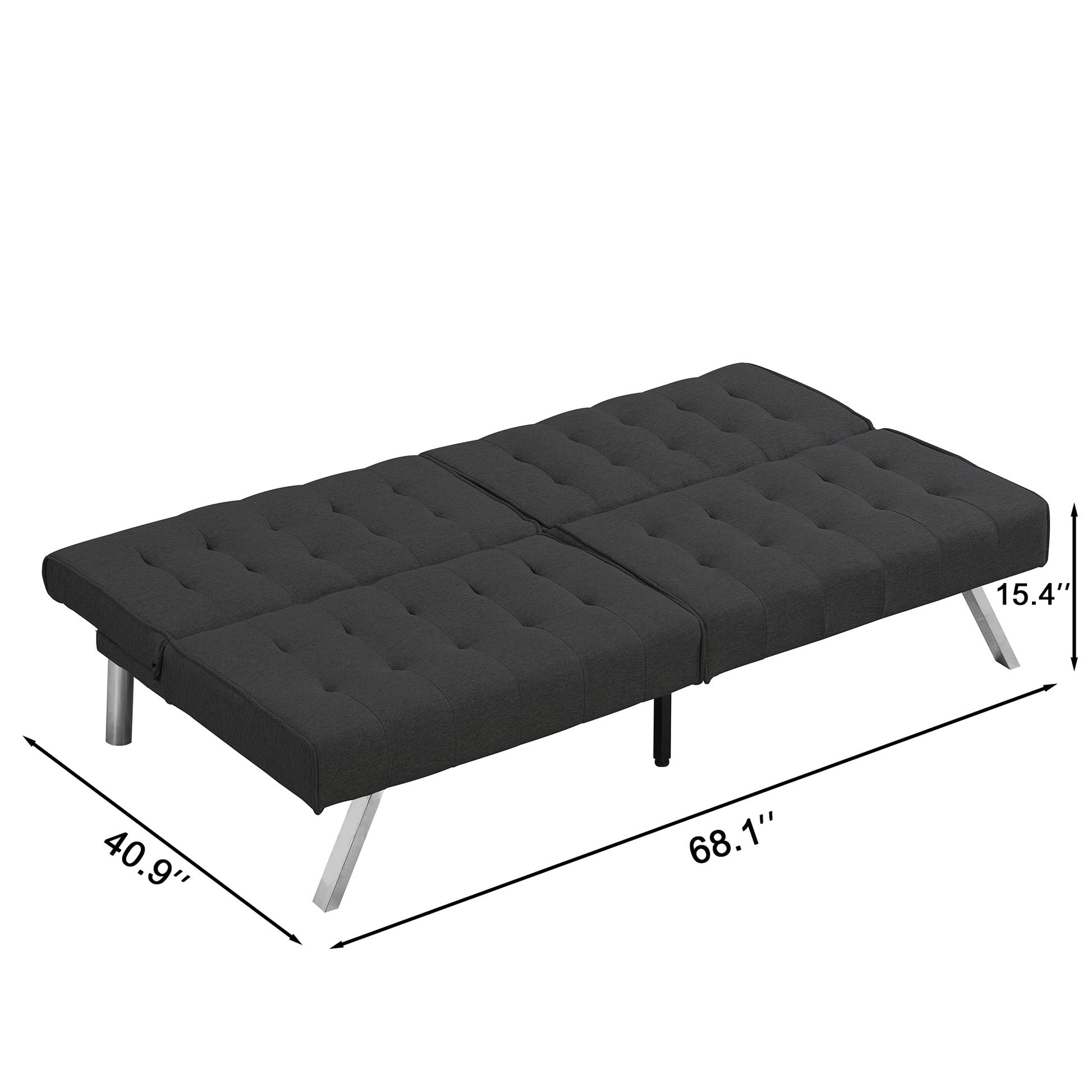 Tufted dark gray futon sofa with silver legs  long