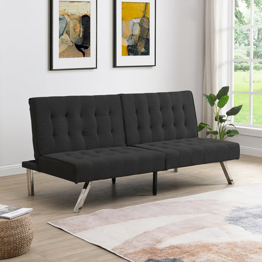 Dark grey tufted sofa bed with chrome legs perfect for modern living rooms