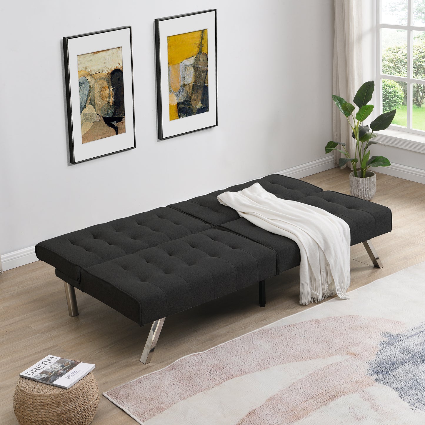 Multifunctional Sofa Bed with Ergonomic Design - Black Faux Linen