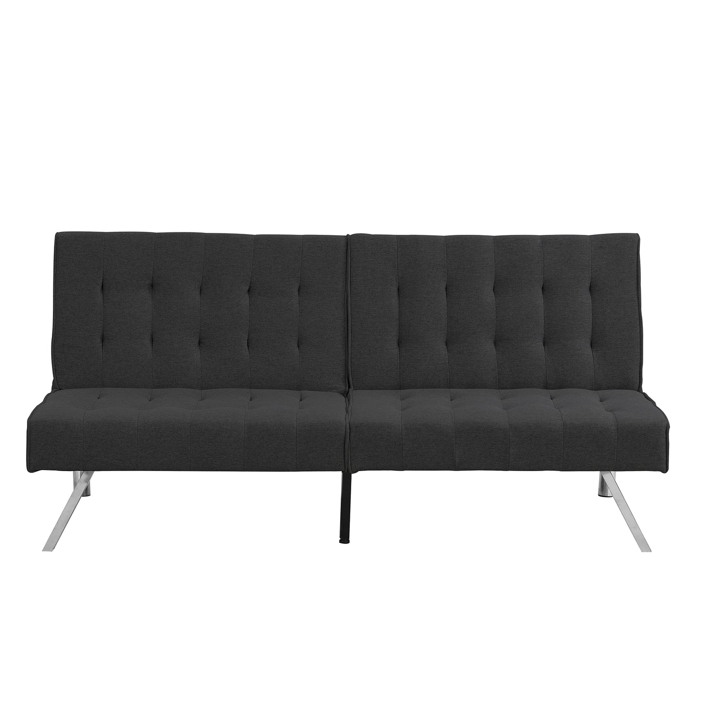 Dark gray upholstered sofa with tufted cushions and sleek metal legs