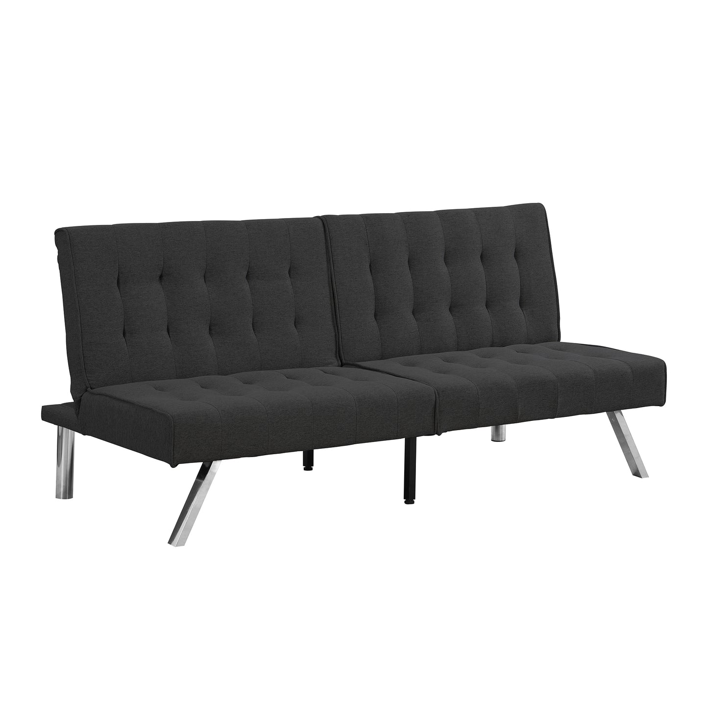 Dark charcoal fabric futon sofa with tufted cushions and sleek chrome legs perfect for small spaces