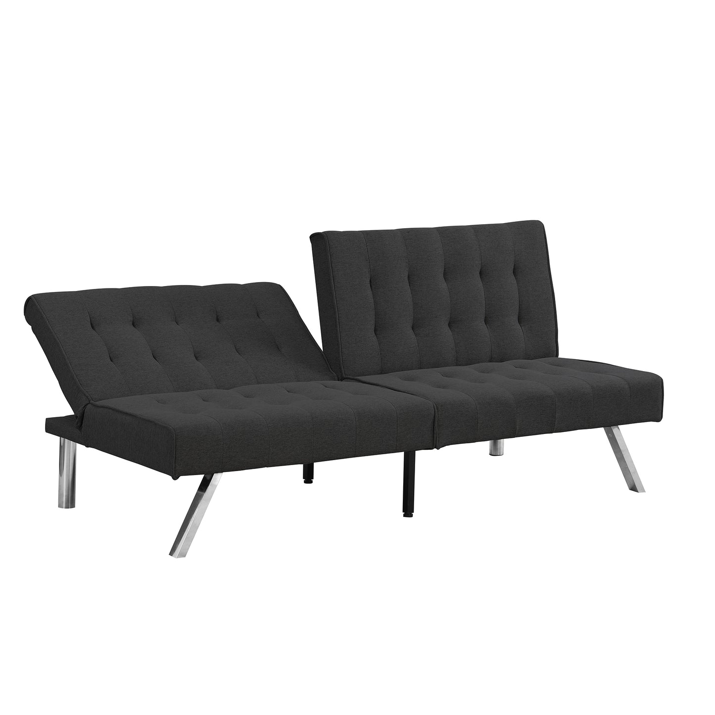 Dark gray upholstered sofa bed with tufted details and chrome legs