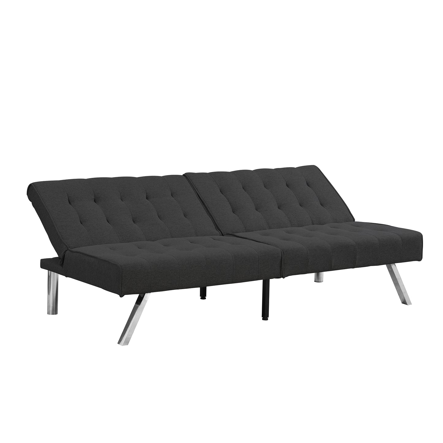 Tufted charcoal grey fabric sofa bed with modern chrome legs perfect for small spaces