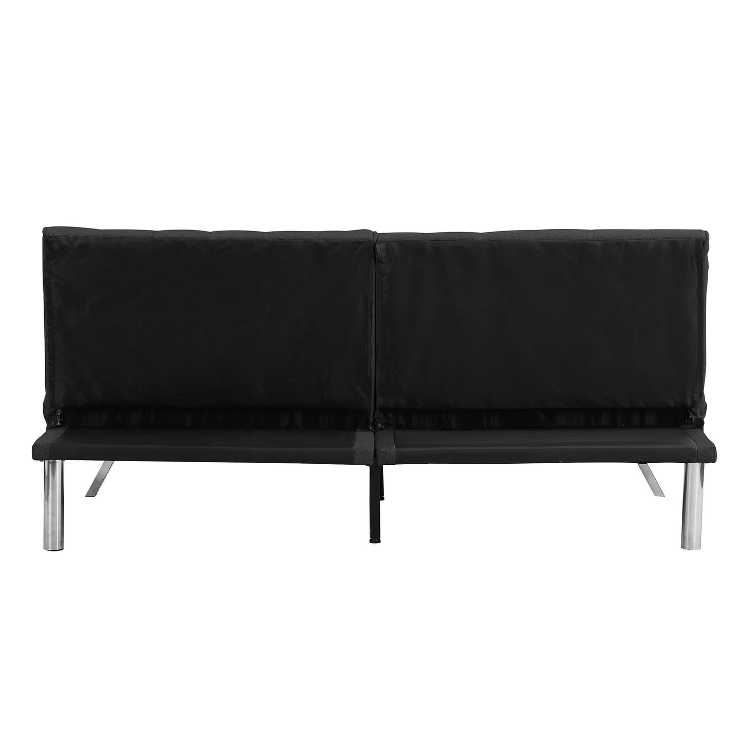 Modern black futon with tufted back and silver legs ideal for small spaces