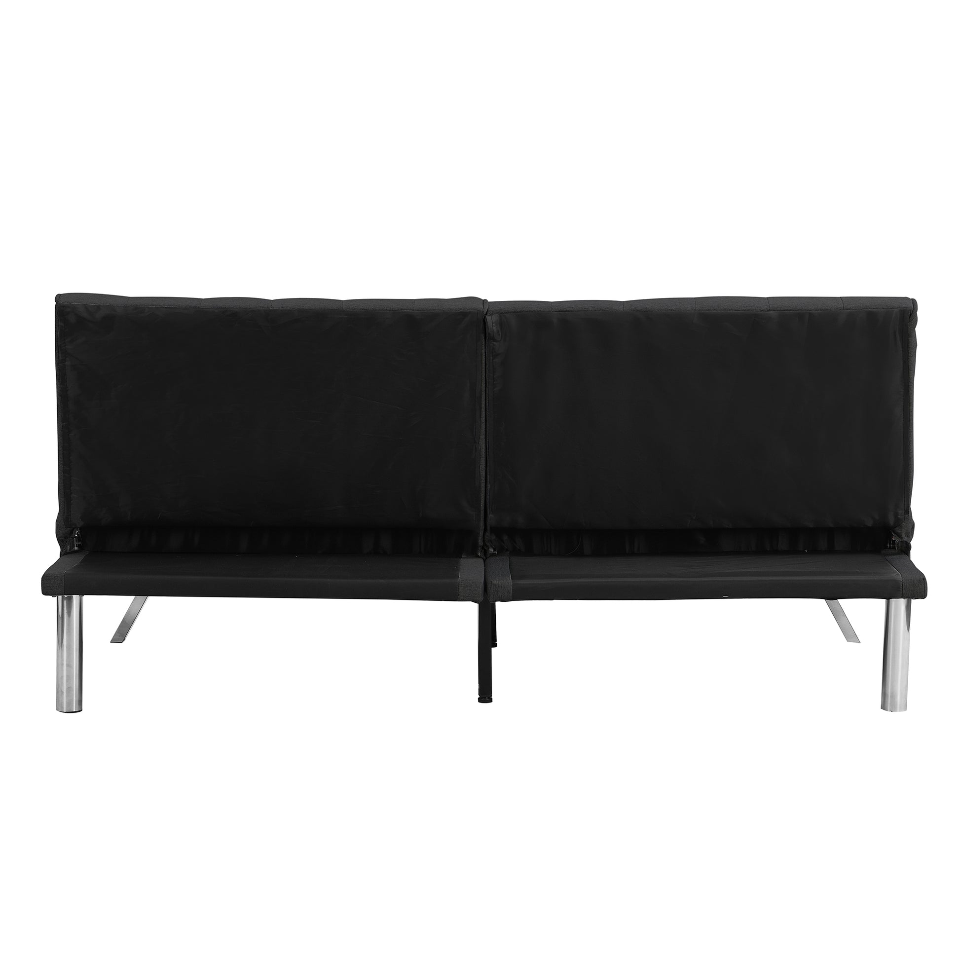 Modern black futon with tufted back and silver legs ideal for small spaces
