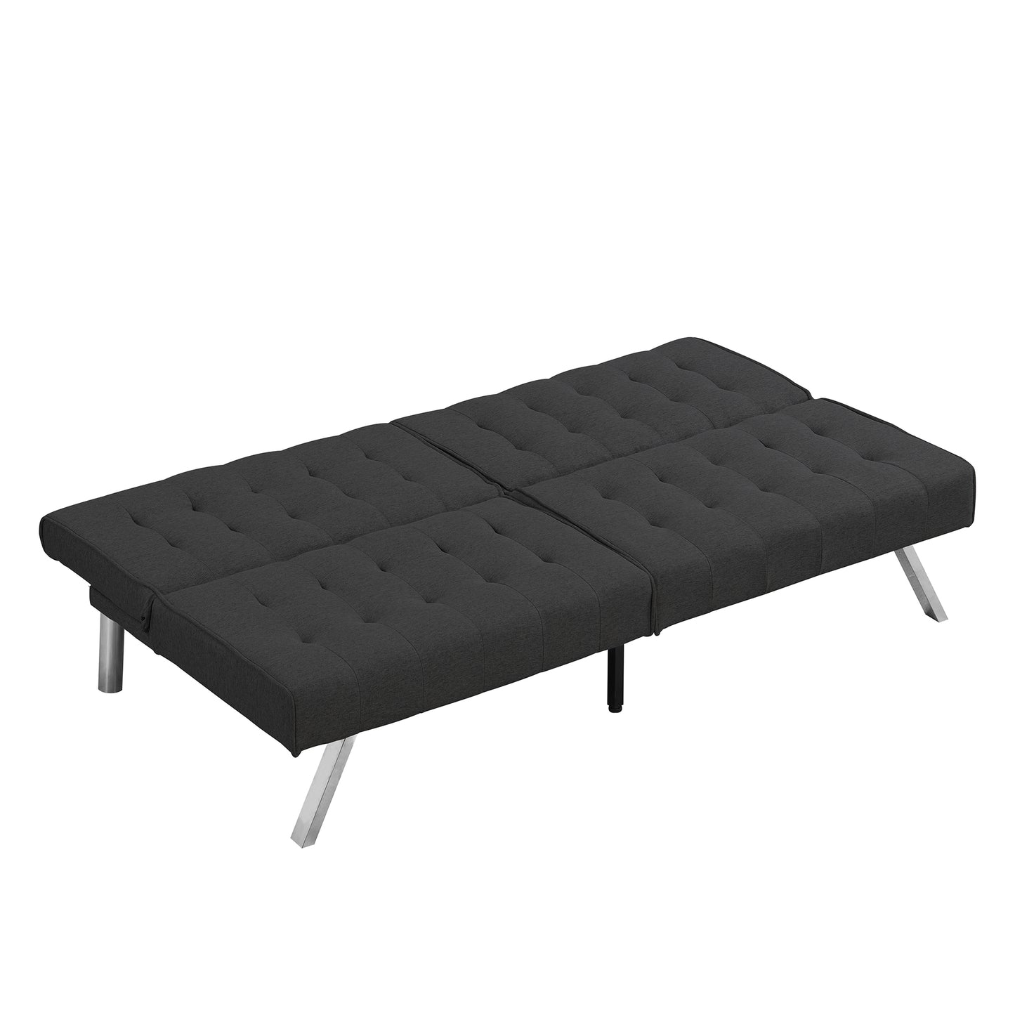 Dark gray tufted futon sofa with silver metal legs convertible to bed