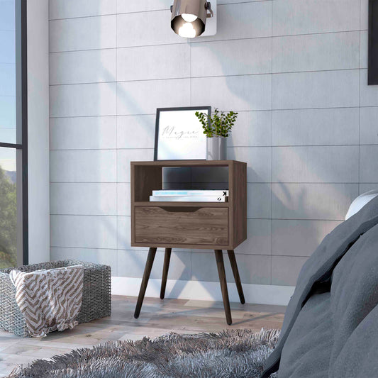 Dark oak finish nightstand with one drawer and open shelf midcentury modern style