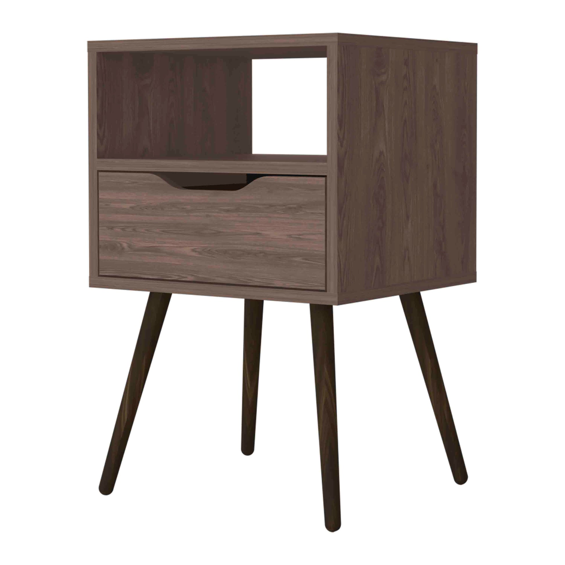 Dark wood bedside table with one drawer and open shelf midcentury modern style