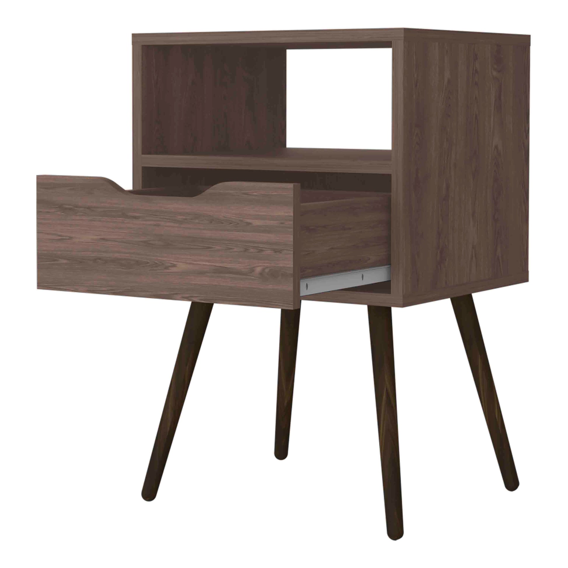 Midcentury modern nightstand with open shelf and one dark wood drawer pulled out