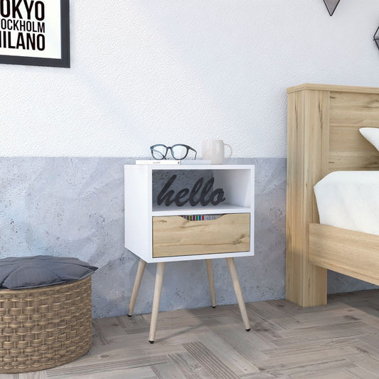 Modern white nightstand with wood drawer and angled legs perfect for small bedrooms