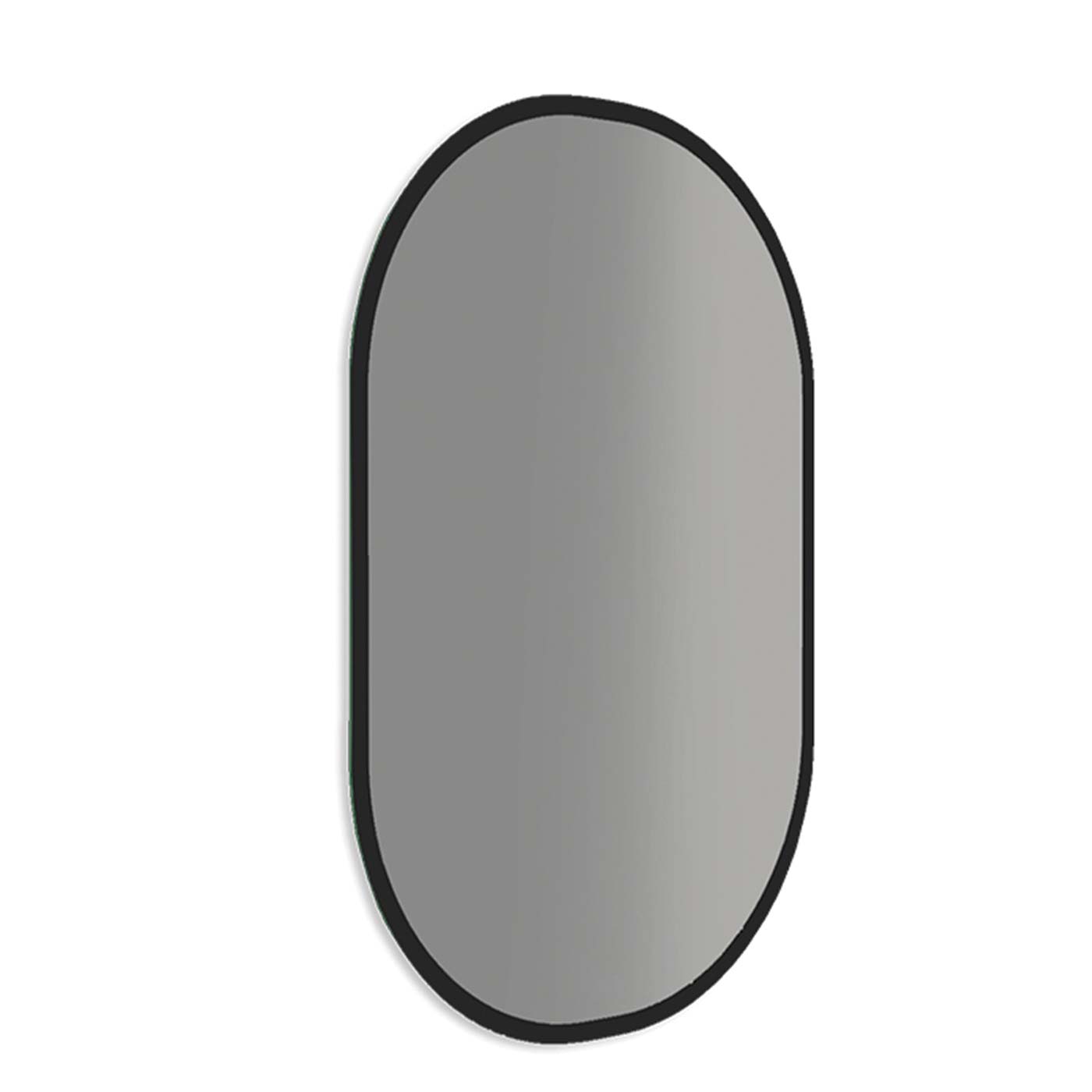 Oval blackframed vanity mirror with a sleek modern design