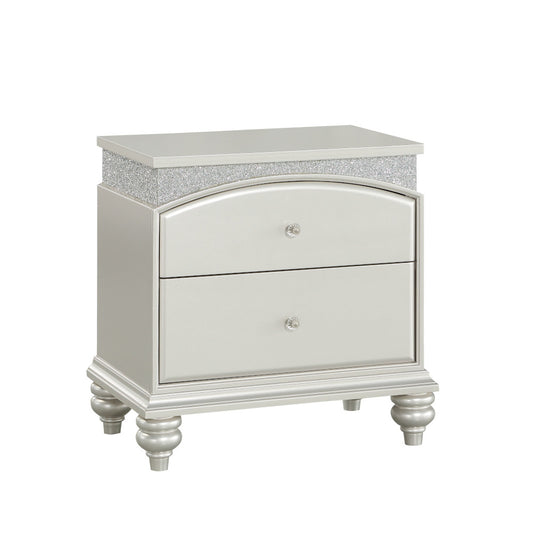 Silver twodrawer nightstand with crystal knobs and a glitterembellished top