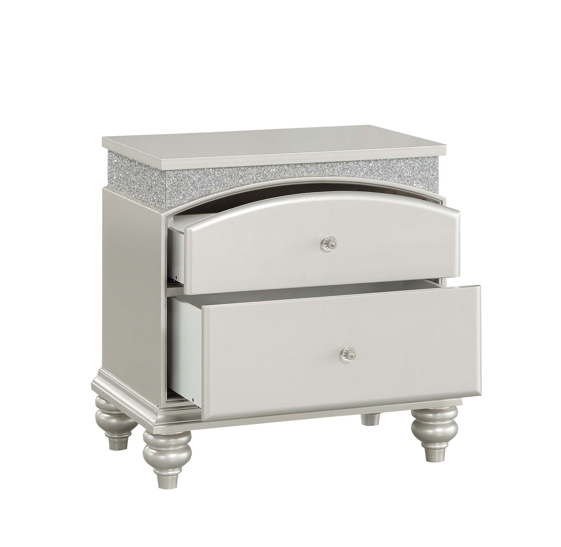 Silver bedside table with two drawers and crystal knobs featuring a glitter accent band