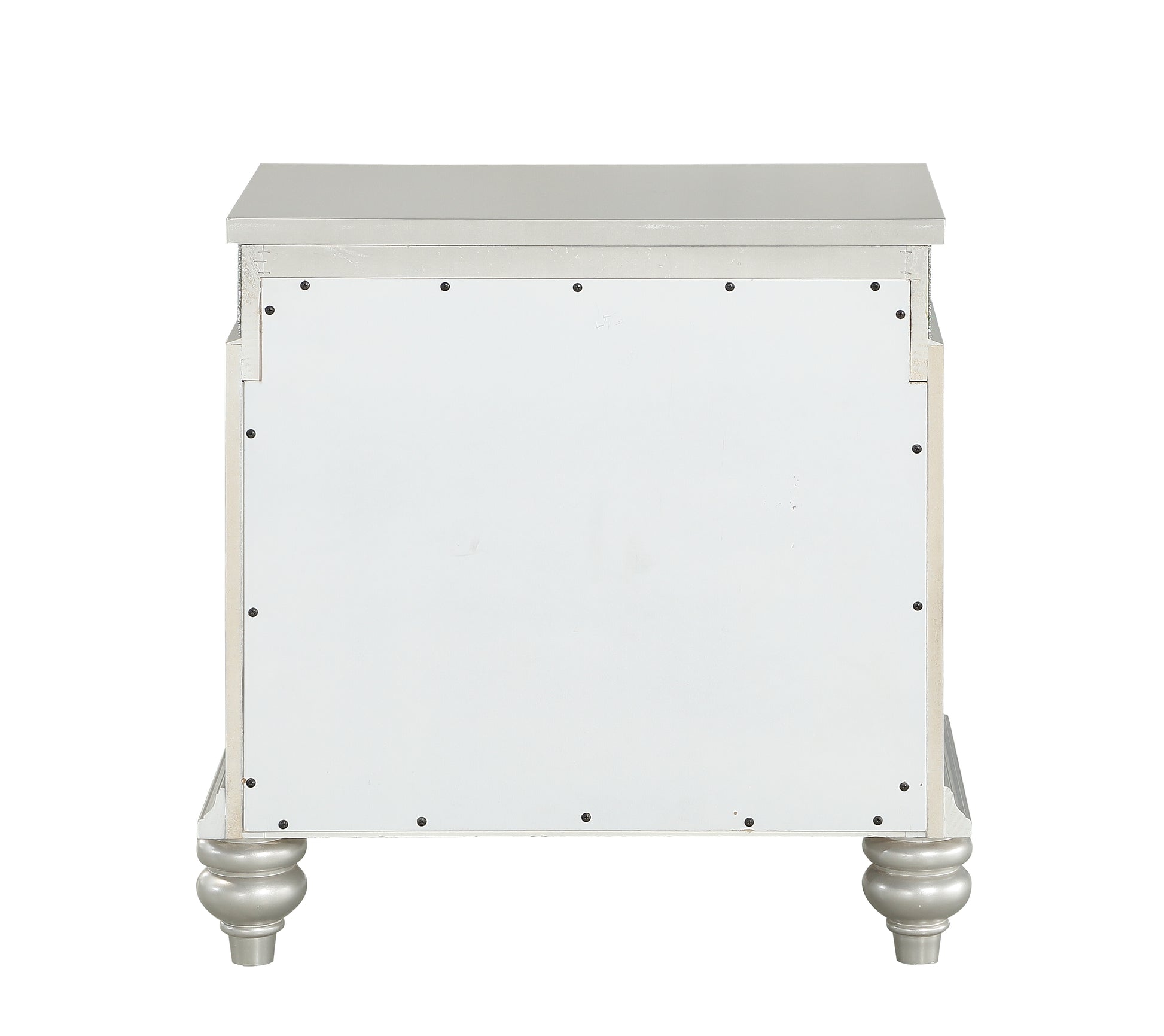 Silver ornate bedside table with decorative feet rear view