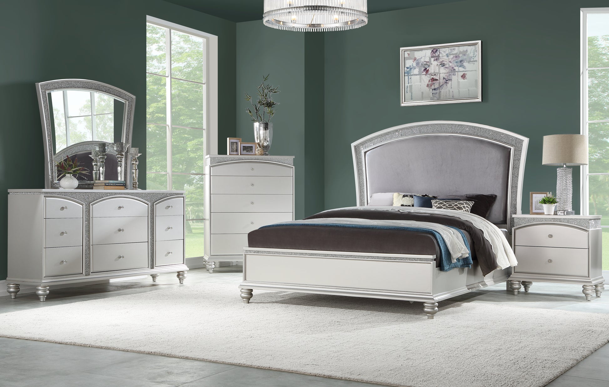 White upholstered bed frame with silver crystal accents and grey headboard