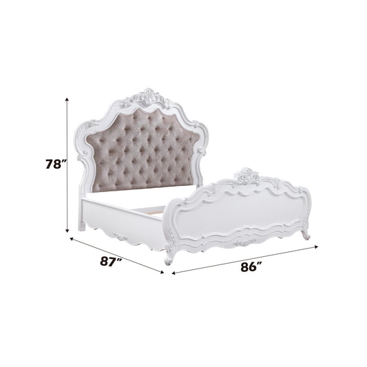 Elegant white ornate bed frame with tufted upholstered headboard  inches long