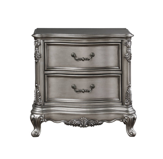 Antique silver finish nightstand with two drawers and ornate detailing